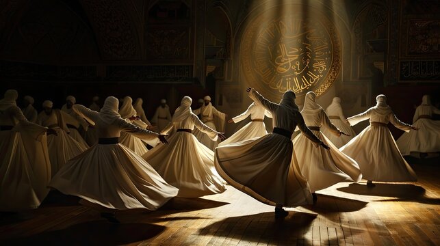 Dervish dancers dancing on stage.