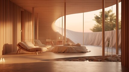 an AI-rendered image of a tranquil setting, combining timber and clay architecture, 