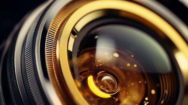 Close up of camera lens with yellow light, perfect for technology or photography concepts.