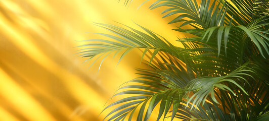 Fototapeta na wymiar Lush Tropical Palm Leaves with Golden Yellow Background for Design