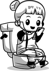 Cute Girl Playing Phone on Toilet Cartoon Vector Icon Illustration People Technology Isolated Flat