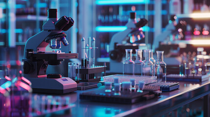 Scientific equipment arrayed on a laboratory bench, including microscopes, incubators, and PCR machines, ready for microbiological experimentation. 8K - obrazy, fototapety, plakaty