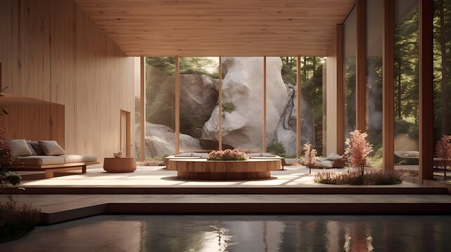 an AI-rendered image of a tranquil setting, combining timber and clay architecture, 