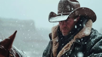 Poster Cowboy on horseback in wild rugged field in winter with snow. © rabbit75_fot