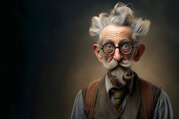 Retrato de un hombre anciano con lentes pelo canoso y barba blanca con  expresion  pensativa o seria. Personaje profesor o cientifico buscando una idea. Imagen con espacio para copiar - obrazy, fototapety, plakaty