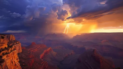 Papier Peint photo Lavable Arizona Lightning strike and heavy cloud at Grand Canyon.