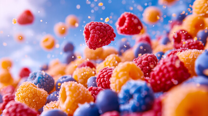 A colorful array of fresh berries with dew drops floating in the air on a blue background