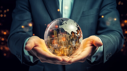 A businessman cradles a transparent globe depicting a cityscape, symbolizing global business and economic growth.