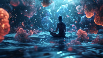 A serene, meditative figure sits in a cosmic setting surrounded by vibrant nebulae and star-like particles, evoking a sense of calm and infinity.
 - obrazy, fototapety, plakaty