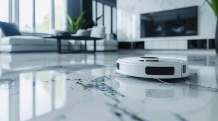 a robot vacuum cleaner performs cleaning in a bright house