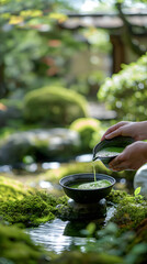 Tranquil Japanese Tea Ceremony Outdoors by the Koi Pond