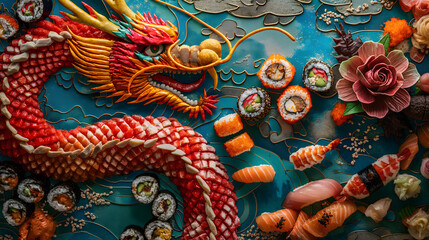 Creative Sushi Arrangement Resembling Aquatic Life and Artistry
