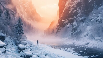 Hiker hiking in winter in rugged lands with snow. - obrazy, fototapety, plakaty