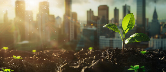 sustainable green city concept background. seedling with skyscraper background