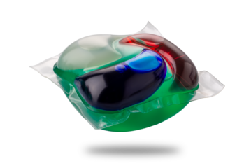 Washing gel capsule pod with laundry detergent isolated .