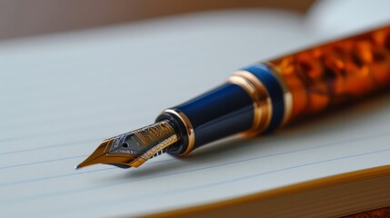 Luxurious fountain pen poised on lined paper waiting for thoughts and ideas to be transformed into written words at a cozy writing nook in the afternoon sunlight