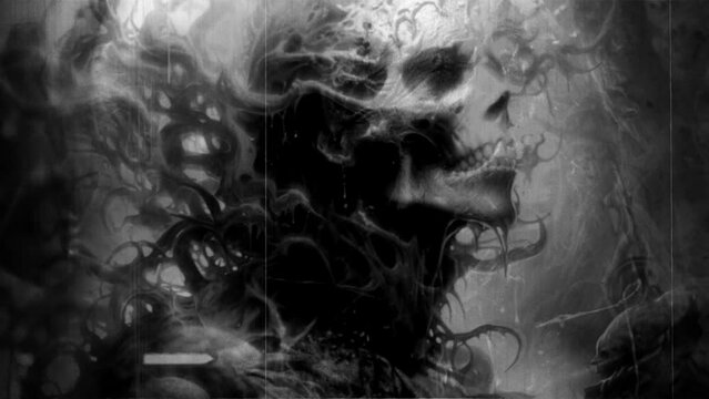 black and white Abstract Horror Art with Surreal Skull and Eerie Faces
