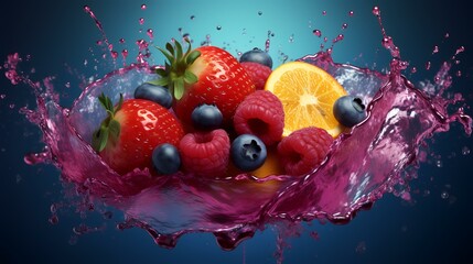 Fruit in water splashes on a blue background. 3d illustration.