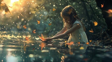 Little girl in a white dress bathes in a pond with fallen leaves - obrazy, fototapety, plakaty