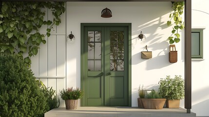 a visual representation of a charming modern farmhouse entrance with a green wooden door and glass window - Powered by Adobe