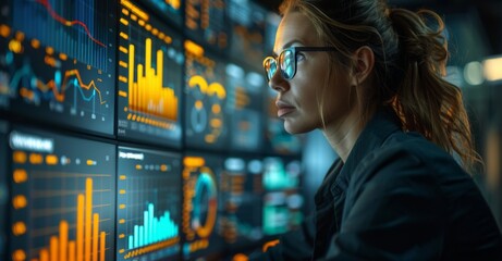 Focused analyst examines data trends in a modern control room filled with digital displays