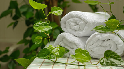 Tidily arranged towels alongside verdant plants in a spa salon