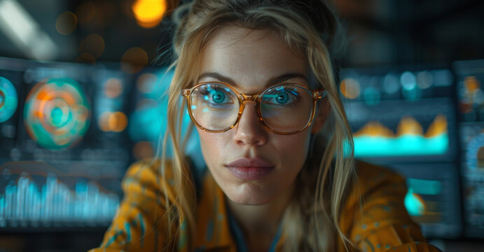 Close-up of a young woman with glasses, focused on data analysis in a modern tech workspace during evening hours