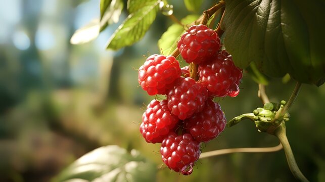 Ripe raspberries on a branch in the garden, closeup view