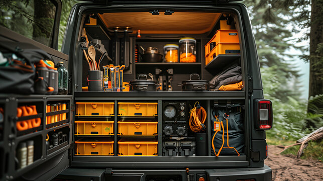modular overland gear storage system inside a vehicle at forest campsite