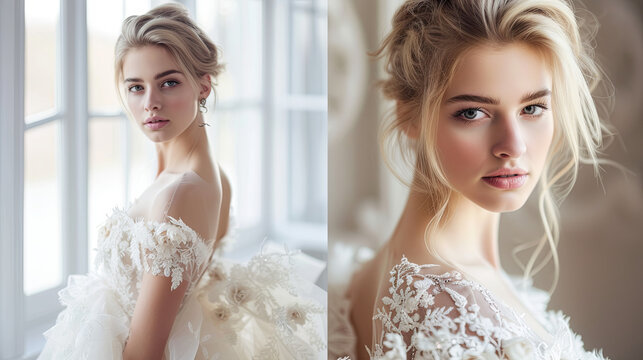 Elegant bride in a luxurious wedding dress at a photo shoot