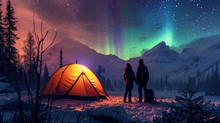 Couple camping in wild with tent and stunning aurora light at night. - obrazy, fototapety, plakaty
