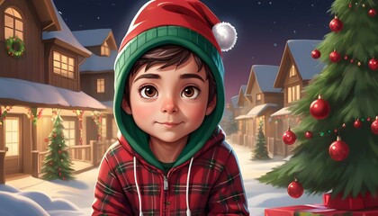 A sweet boy with enchanting amber eyes wearing a fuzzy Christmas cap trimmed with holly paired with corduroy pants and a festive holiday sweater their eyes glowing with the magic of Christmas