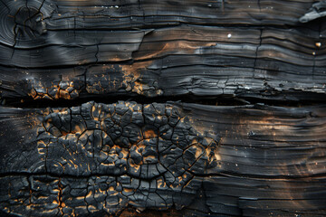 A black and charred wood surface with a lot of burnt marks. The texture of the wood is rough and uneven, giving it a rugged and aged appearance - obrazy, fototapety, plakaty