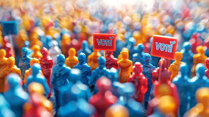Miniature figures with VOTE signs in a crowd. Tiny individuals in a crowd holding voting placards. Concept of elections, civic duty, collective action, and the power of the vote. - obrazy, fototapety, plakaty
