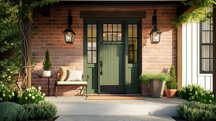 a visual representation of a charming modern farmhouse entrance with a green wooden door and glass window