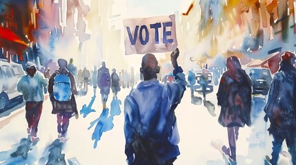 African American Person holding a VOTE sign in a city street crowd. Watercolor urban scene with vibrant colors. Voter participation and political activism concept for election campaign materials