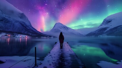 A person stands in pedestrian bridge with beautiful aurora northern lights in night sky in winter.