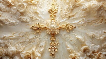Luxurious Gold-ornate cross set against a baroque-style textured backdrop. Concept of rich spirituality, faith, heavenly grace, Lent, religious, Easter celebration, resurrection