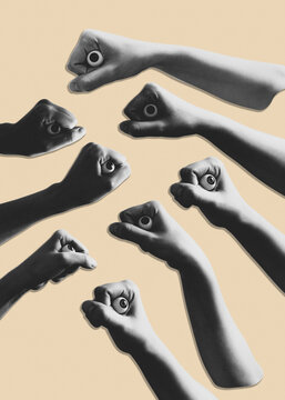 scary collage of  hands holding eyes