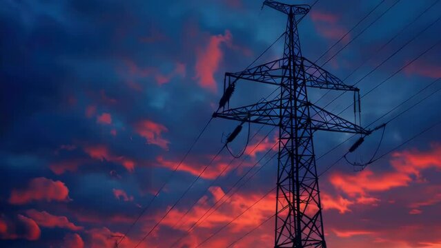 A dramatic image of a power line against a vibrant red sky. Suitable for illustrating concepts of energy, electricity, and technology.