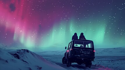 Car in wild snow field with beautiful aurora northern lights in night sky with snow forest in winter.