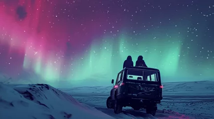 Papier Peint photo Aurores boréales Car in wild snow field with beautiful aurora northern lights in night sky with snow forest in winter.
