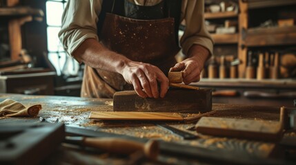 A man wearing a hat is skillfully crafting a piece of hardwood in his workshop, creating a beautiful art piece. AIG41 - obrazy, fototapety, plakaty