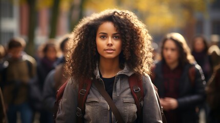 Black female student with a backpack at a university campus. Young woman. Concept of academic aspirations, higher education, student diversity, new beginnings, and cultural integration. - obrazy, fototapety, plakaty
