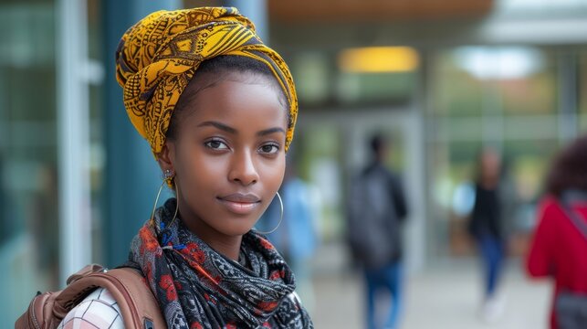Beautiful Black female student refugee with backpack at university. Outdoors. Young woman. Concept of academic aspirations, new beginnings, immigrant education, refugee integration, diversity