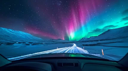 Poster Aurores boréales View from inside of a car in wild snow field with beautiful aurora northern lights in night sky with snow forest in winter.