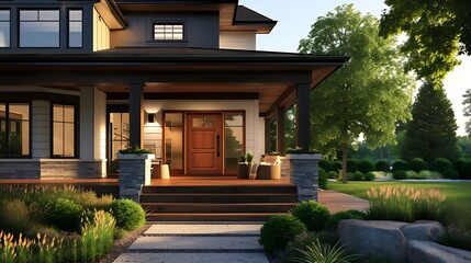 a visual representation of a contemporary farmhouse entrance with a wooden front door, glass window, and a porch