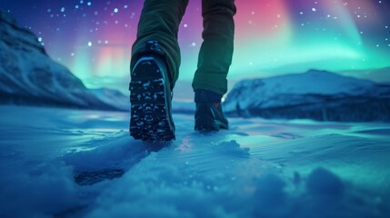 Close-up view of a hiker’s feet in snow field with beautiful aurora northern lights in night sky in winter.