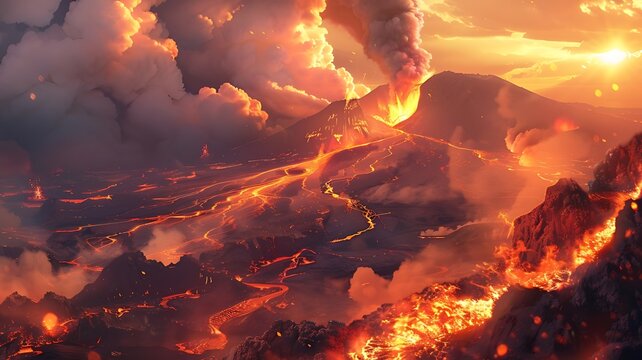 The crater is erupting, smoke, lava, Apocalyptic volcanic landscape with hot flowing lava and smoke and ash clouds. Generative AI