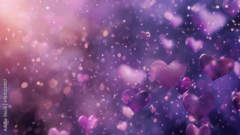 Poster purple hearts floating in the air, suitable for various design projects.